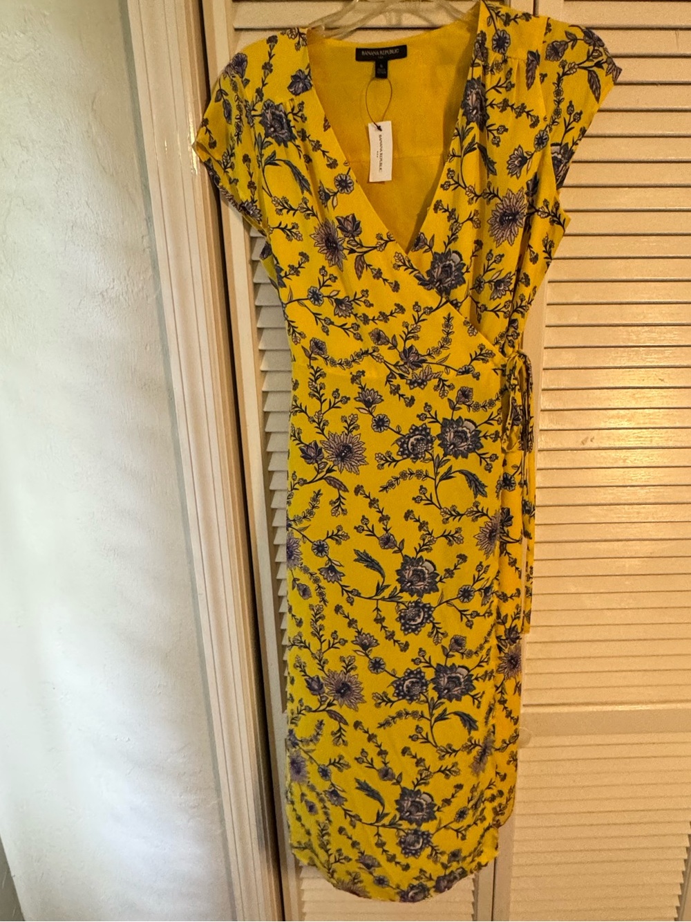 Banana Republic Yellow Floral Wrap Midi Dress with Navy Bloom